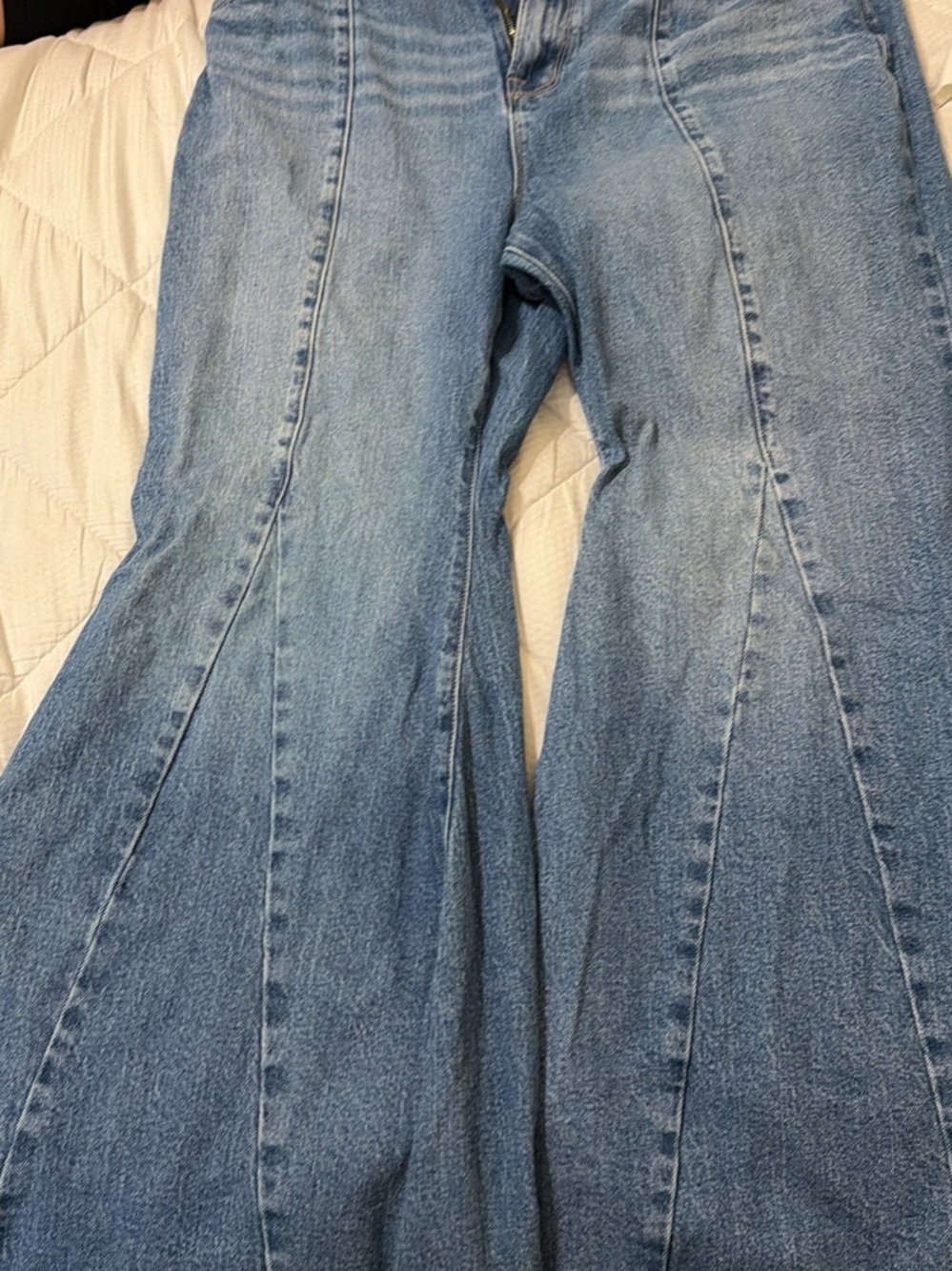 High-Rise Light Blue Flare Jeans with Panel Seams